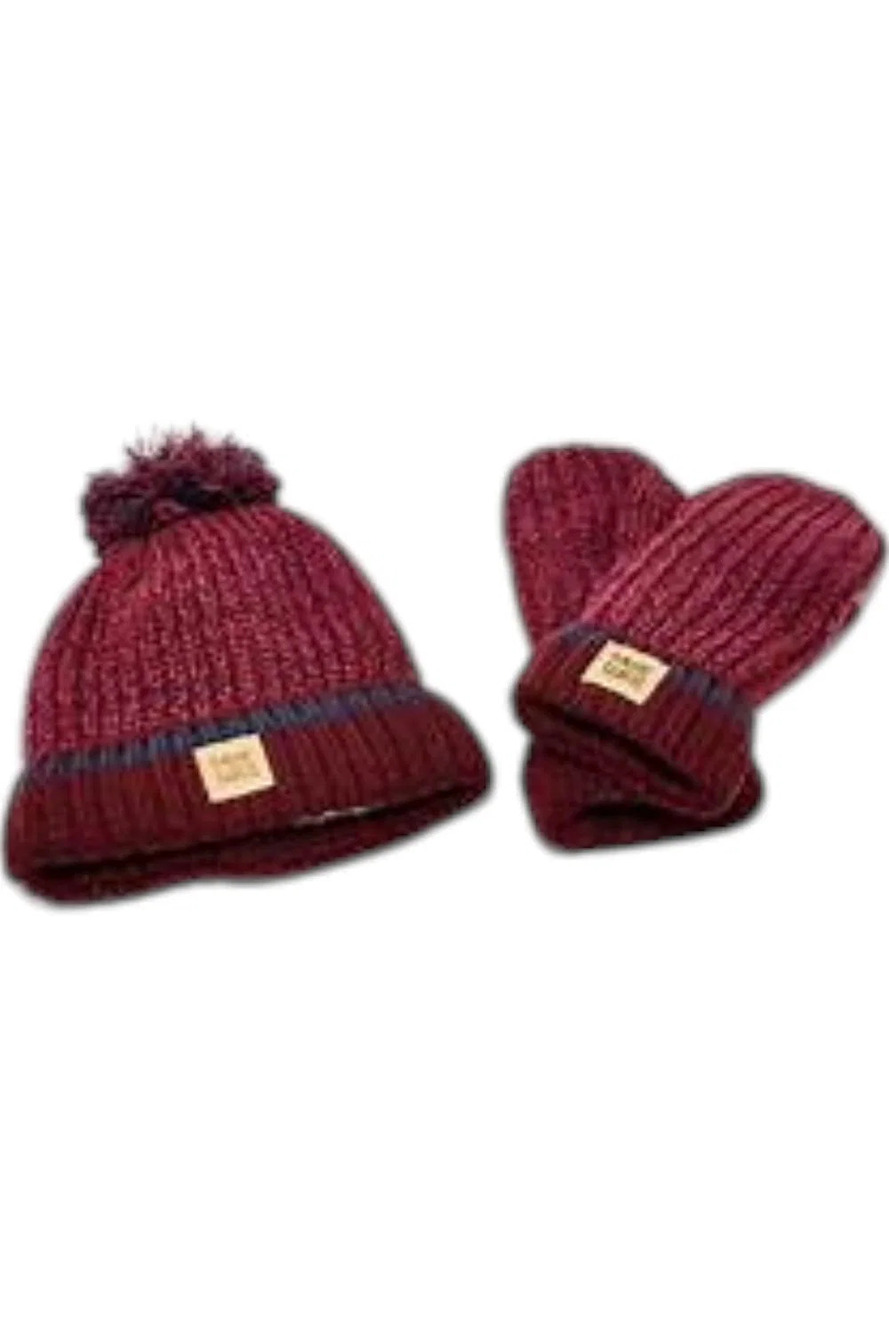 MUK LUKS Women's Hint of Sparkle PomHat & Mitten Set Wine Marl